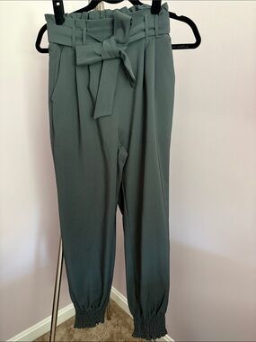 Grace Karin Paperbag Waist Tie Joggers in Sage